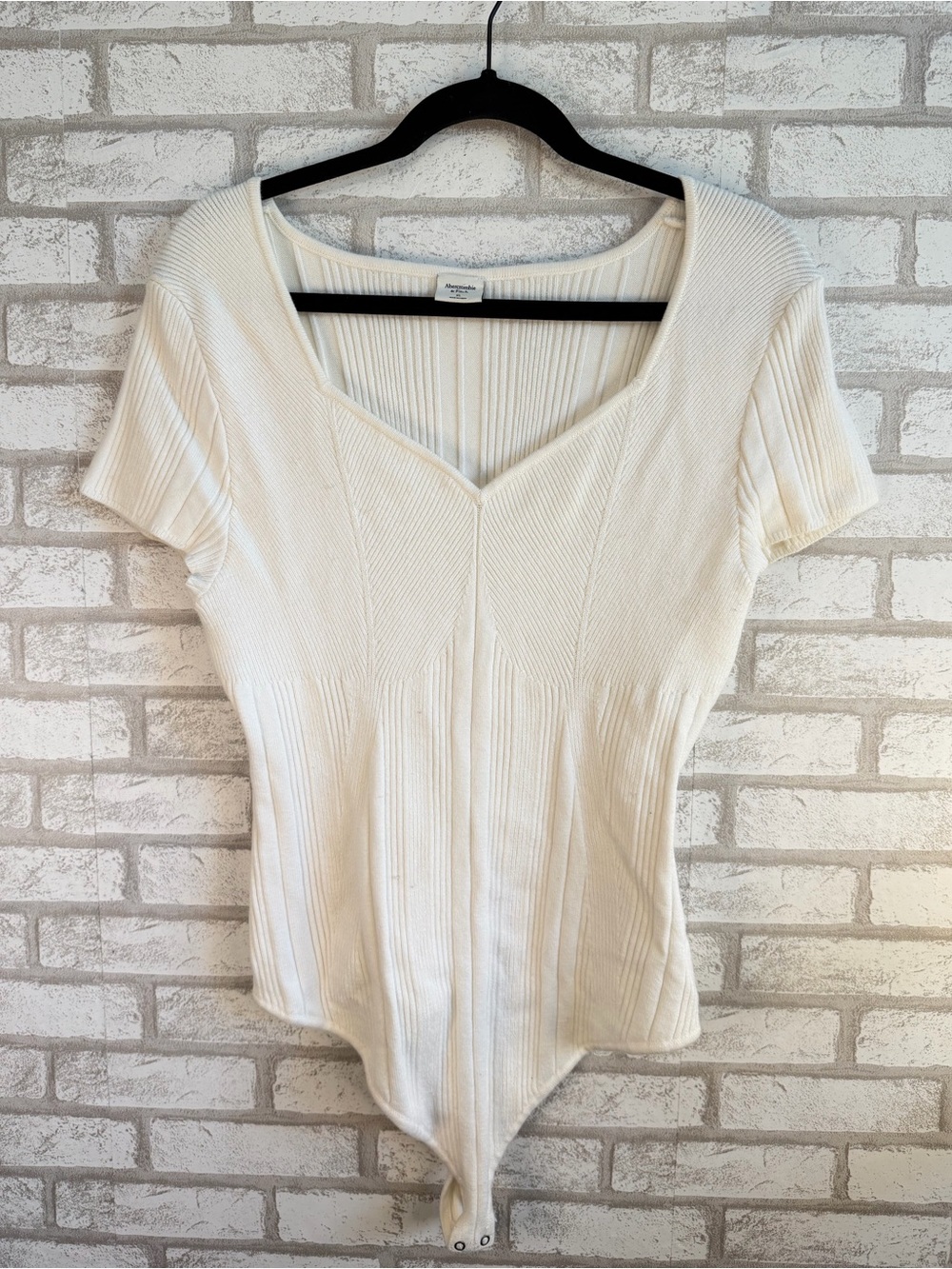 Abercrombie & Fitch Cream Ribbed V-Neck Short Sleeve Bodysuit